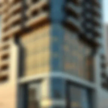 Facade Design of Al Mulla Building Close-up of the facade of the Al Mulla Building illustrating its modern construction techniques.