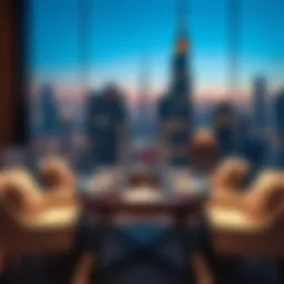 An elegant dining setup with skyline views