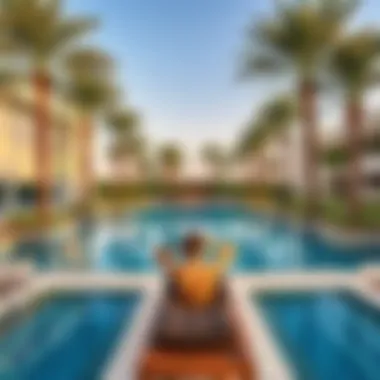 Luxurious swimming pool area surrounded by palm trees