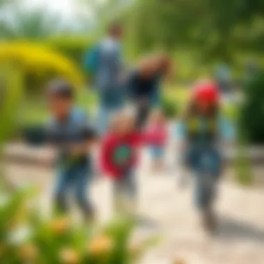 Kids having fun at an outdoor adventure park surrounded by nature