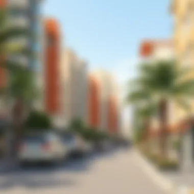 A vibrant street view of Dubai showcasing residential buildings