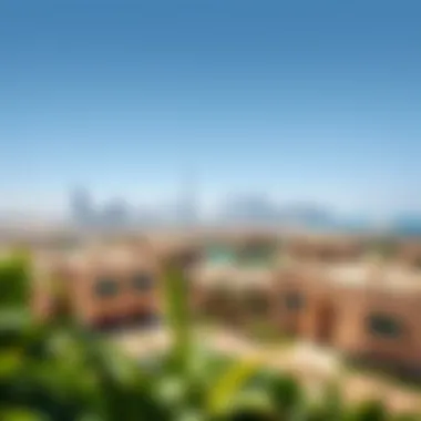 Panoramic view of Al Falaj Villas against the backdrop of Dubai's skyline