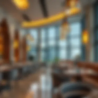 Modern Arab Restaurant Ambiance An elegant restaurant interior with a modern take on Arab design elements, creating a unique dining atmosphere.