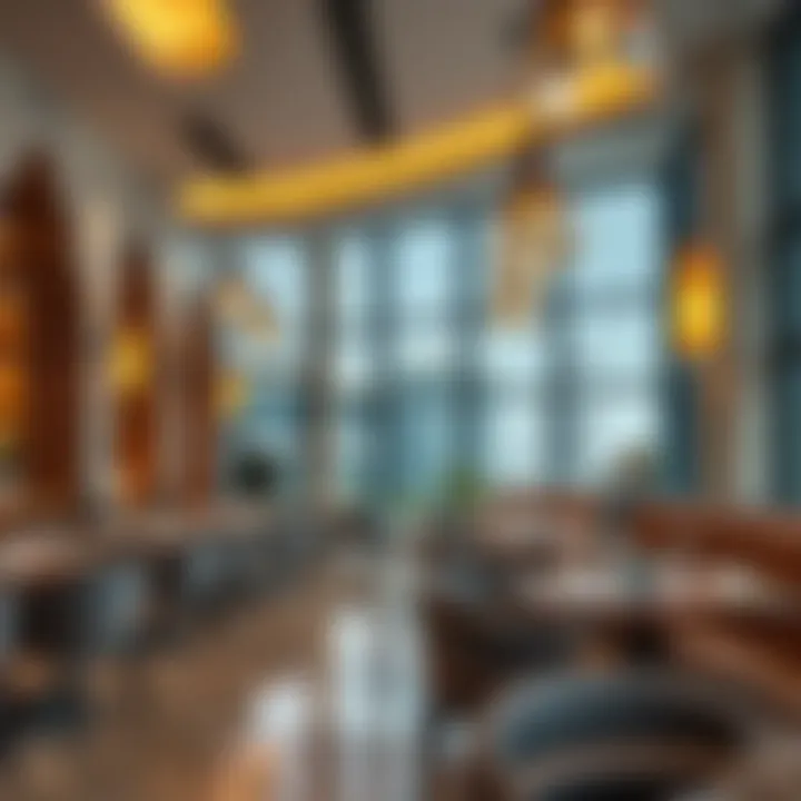 Modern Arab Restaurant Ambiance An elegant restaurant interior with a modern take on Arab design elements, creating a unique dining atmosphere.