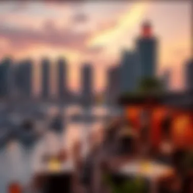 Dubai Marina Waterfront Dining Scene A stunning view of Dubai Marina at sunset with restaurants lining the waterfront, inviting diners to indulge in culinary delights.