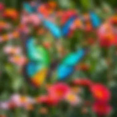 A vibrant display of colorful butterflies fluttering among flowers
