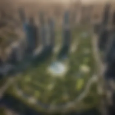 Aerial View of DIFC Central Park Aerial view of DIFC Central Park showcasing its lush greenery amidst Dubai's skyline.