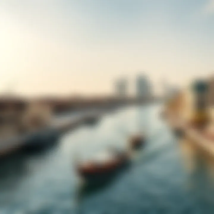 Scenic view of Dubai Creek with city skyline