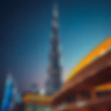 The Burj Khalifa illuminated at night, showcasing its grandeur.