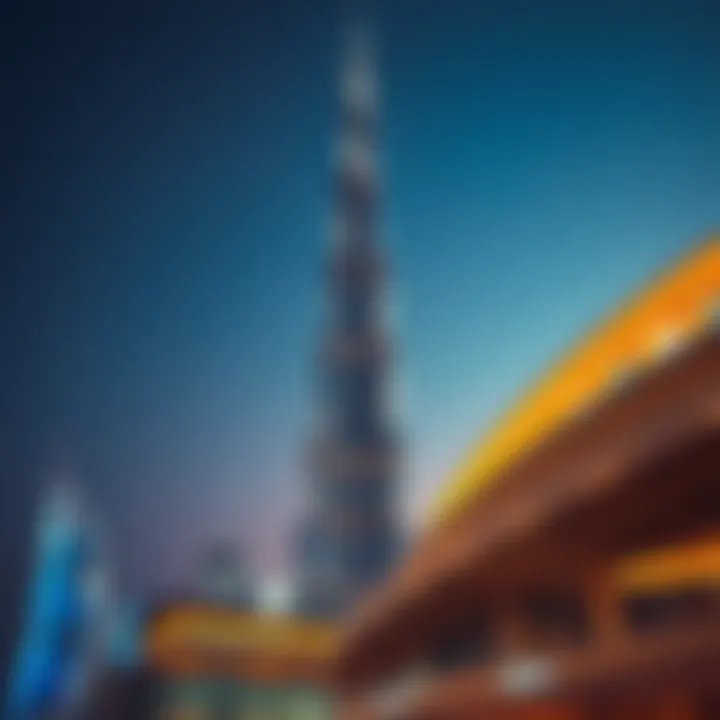 The Burj Khalifa illuminated at night, showcasing its grandeur.