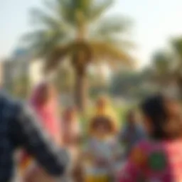 A vibrant family gathering in a Dubai park reflecting cultural diversity
