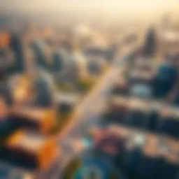 Aerial view showcasing the vibrant landscape of International City, Dubai, highlighting the diverse architecture.