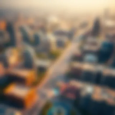 Aerial view showcasing the vibrant landscape of International City, Dubai, highlighting the diverse architecture.