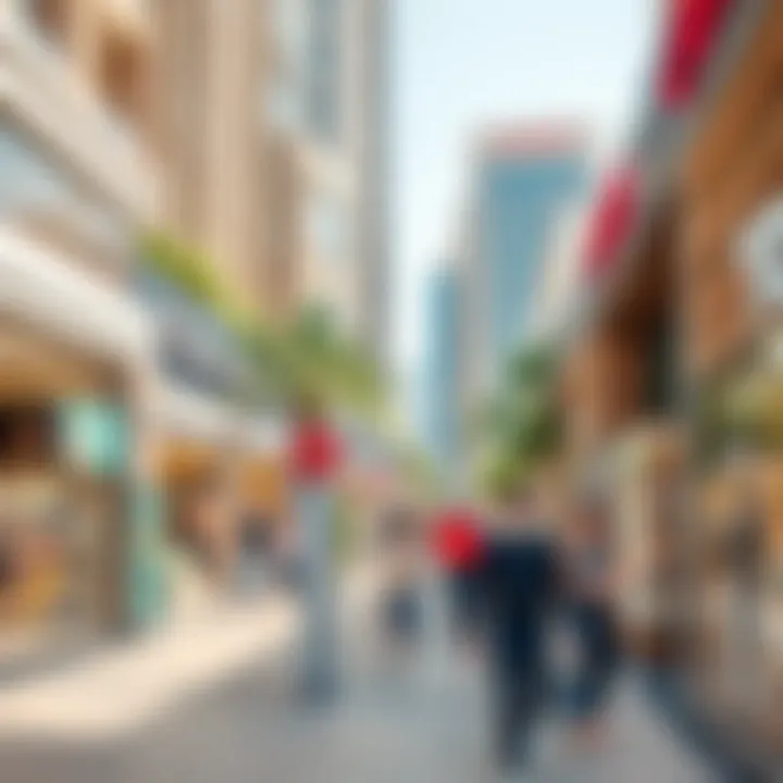 Street view of bustling retail shops in International City, illustrating foot traffic and customer engagement.