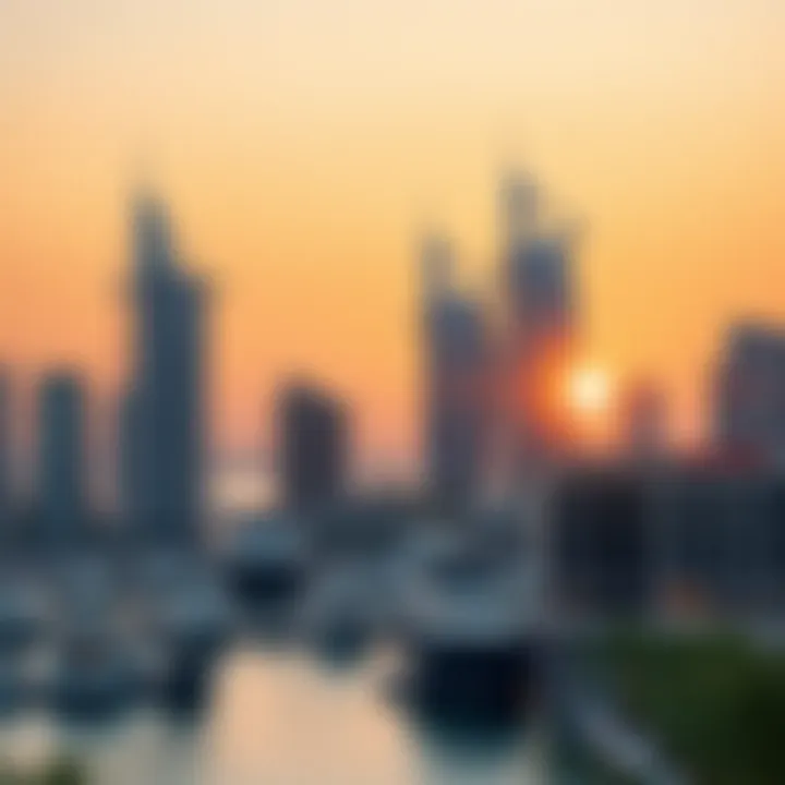 An artistic representation of the Dubai Marina at sunset
