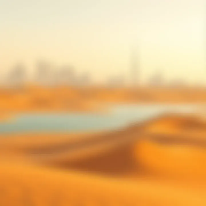 A serene desert landscape contrasting with the urban skyline of Dubai