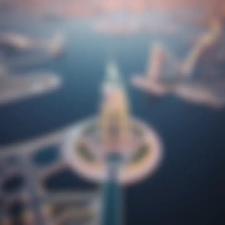 Aerial view of Palm Jumeirah with فندق النخلة دبي as a central landmark