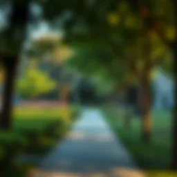A serene public park with lush greenery and a walking path