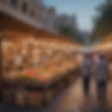 Local Culture: Street Markets in Dubai Neighborhoods A bustling street market in a popular Dubai neighborhood featuring local vendors and shoppers