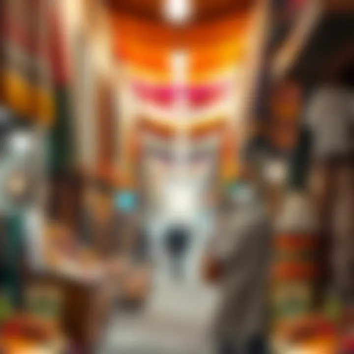 The bustling atmosphere of a traditional souk in Deira, showcasing vibrant textiles and spices