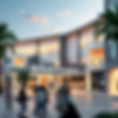 A modern retail center in Deira with diverse shops and shoppers enjoying their day