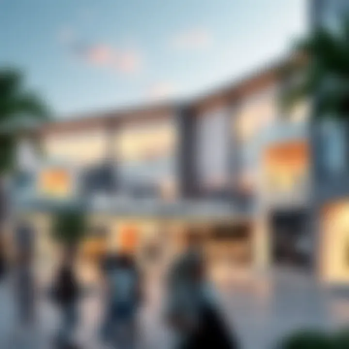A modern retail center in Deira with diverse shops and shoppers enjoying their day