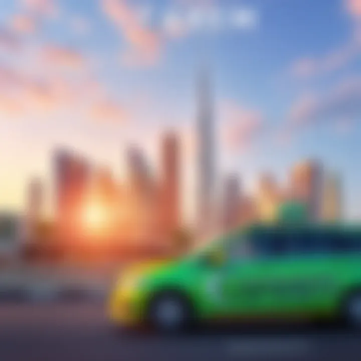 A vibrant view of Dubai's skyline with a Careem vehicle in the foreground