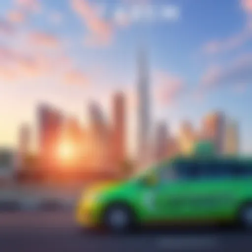 Dubai Skyline with Careem Vehicle A vibrant view of Dubai's skyline with a Careem vehicle in the foreground