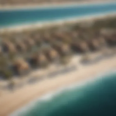 Aerial Perspective of Al Mamzar Beach Chalets Aerial view of Al Mamzar Beach Chalets highlighting their beachfront location