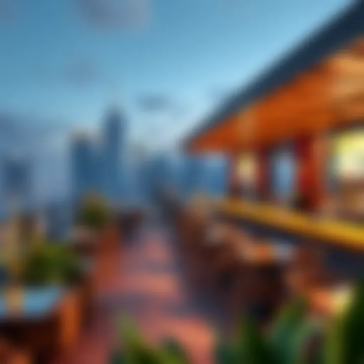 Outdoor seating area with city skyline view