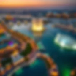 Aerial view of the Dubai Fountain Boardwalk at dusk, showcasing vibrant lights reflecting on the lake.