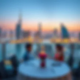 A romantic dinner setup overlooking the Dubai skyline