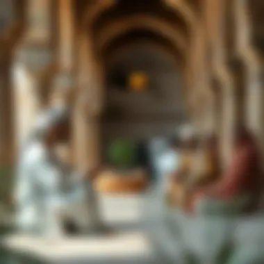 An artistic representation of Ibn Battuta exchanging ideas with local traders during his journeys