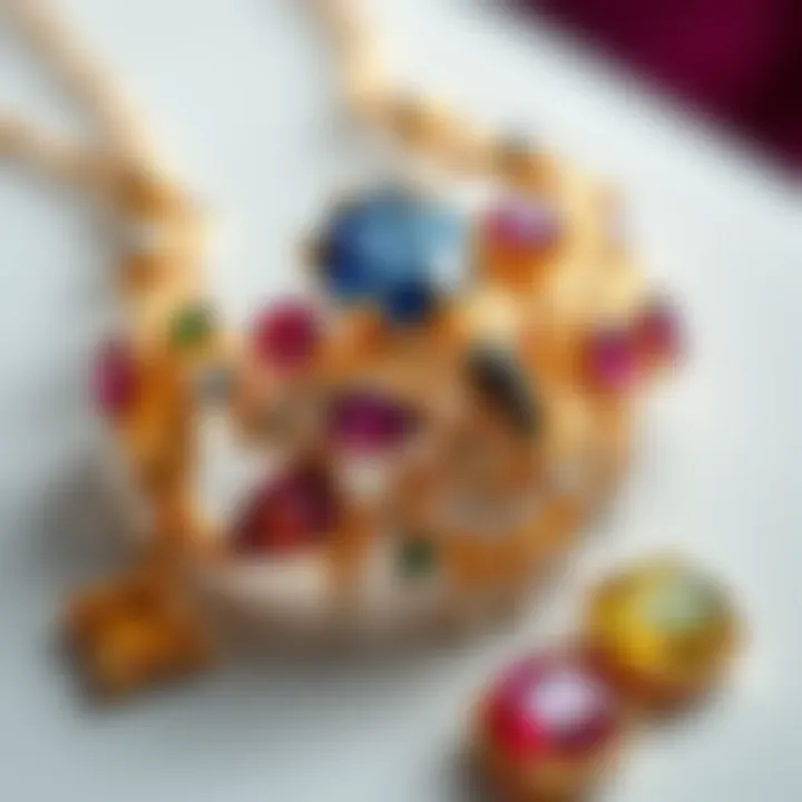 Intricate gold jewelry featuring various gems