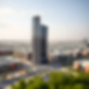 Panoramic view of Jumeirah Village Circle highlighting the location of the Tiger Building