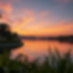 A serene view of Khalid Lake at sunset