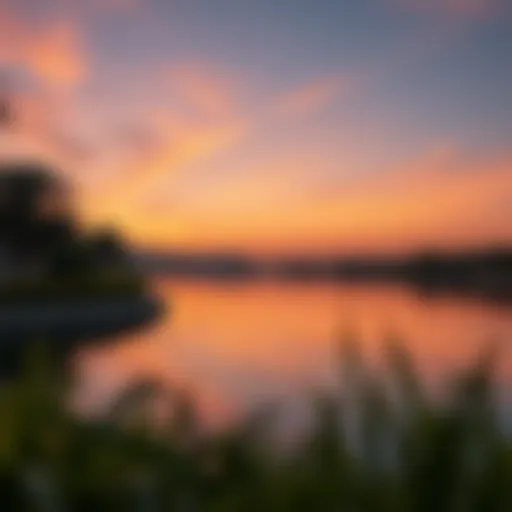 A serene view of Khalid Lake at sunset