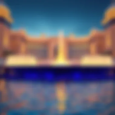 The architectural backdrop enhancing the fountain show