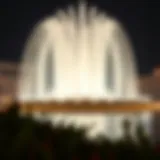 The stunning Dubai Fountain illuminated at night