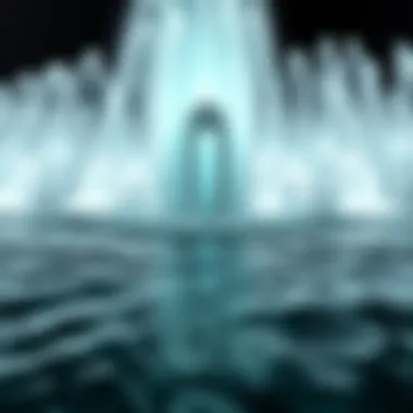 A close-up view of the intricate water patterns of the fountain