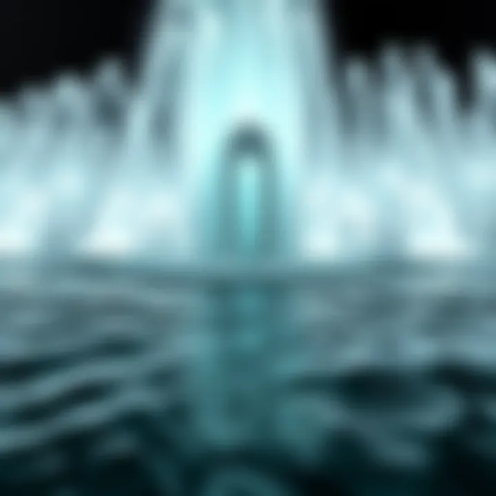 A close-up view of the intricate water patterns of the fountain