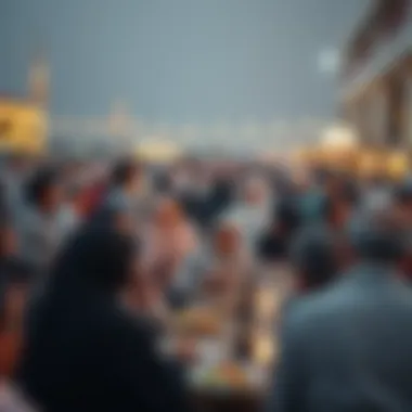 Community Iftar Gathering: Uniting Cultures Crowd gathered in communal setting for iftar meal