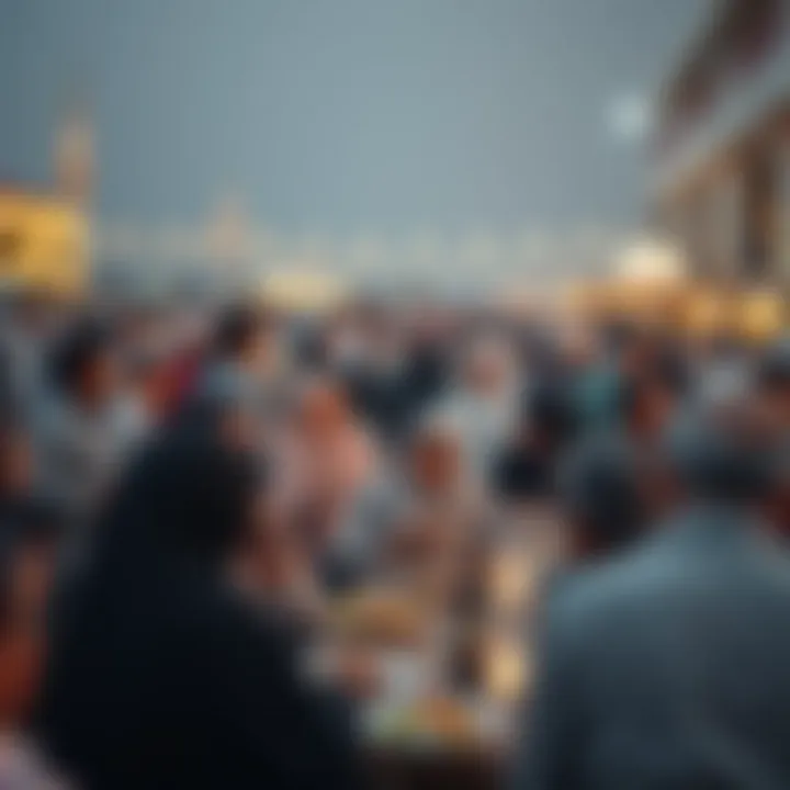 Community Iftar Gathering: Uniting Cultures Crowd gathered in communal setting for iftar meal