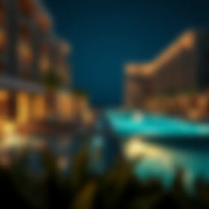 Night view of a luxury hotel with illuminated private pools