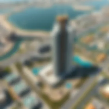 Strategic Positioning of Palm Tower Bird's eye view of Palm Tower and its surrounding landscape, emphasizing its strategic location