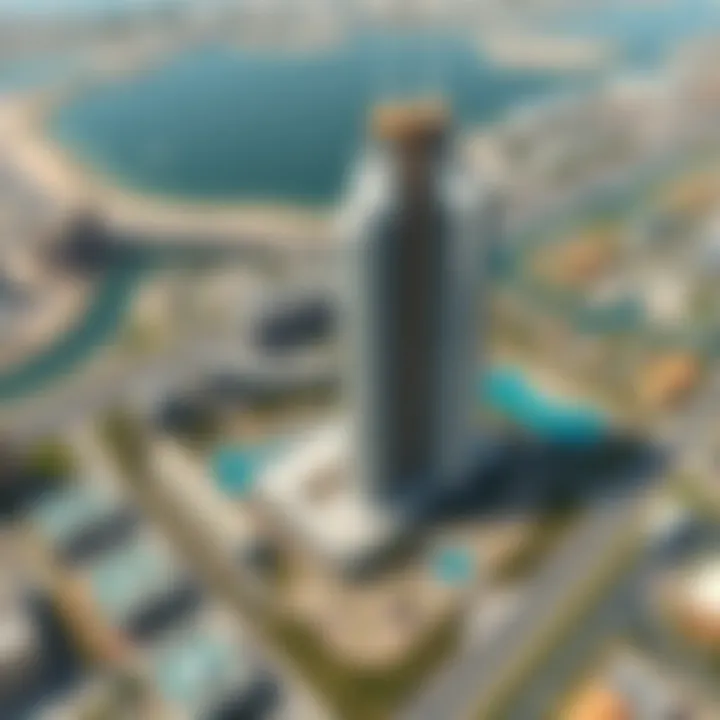 Strategic Positioning of Palm Tower Bird's eye view of Palm Tower and its surrounding landscape, emphasizing its strategic location