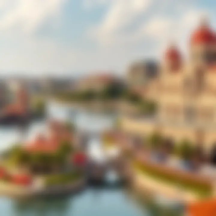 A panoramic view of Riverland showcasing its vibrant attractions and architectural beauty