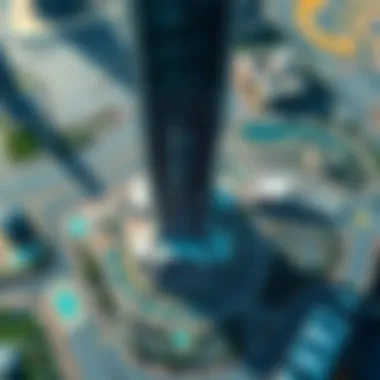 Aerial view of Burj Khalifa with surrounding parking areas