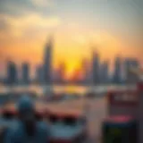 A serene view of a Dubai skyline at sunset during Ramadan.
