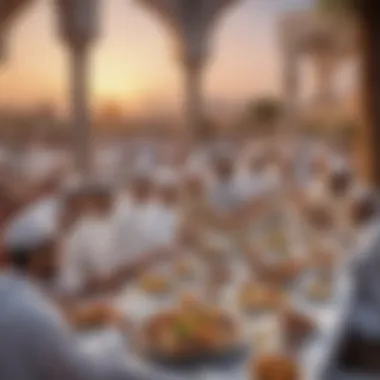 A communal iftar gathering showcasing a variety of traditional dishes and cultural elements.